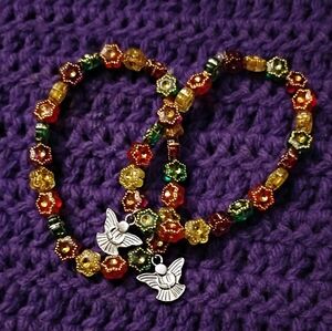 Two Handmade Floral Dark Romance Beaded Bracelet with Metal Angel Charm